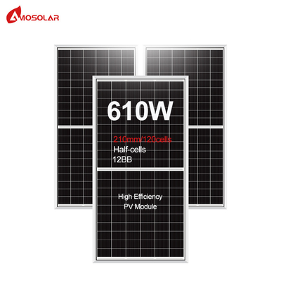 Amosolar 580W 590W 600W 610W Panneau solaire à demi-coupe avec verre trempé à faible teneur en fer de 3,2 mm